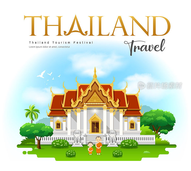 泰国寺庙，Wat Benchamabophit，曼谷，泰国旅游与和尚和新手设计